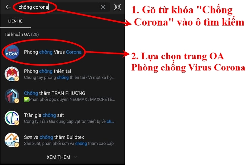 Thao tác để tìm kiếm trang Phòng chống Virus Corona