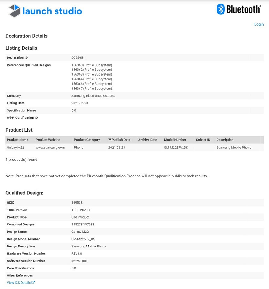 Galaxy M22 đạt chứng nhận Bluetooth SIG