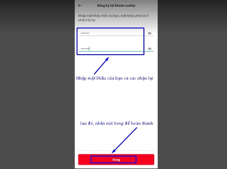 Nhập mật khẩu và xác nhận lại mật khẩu