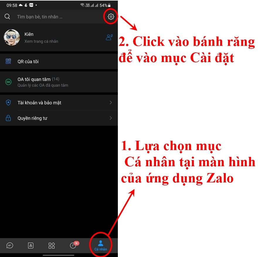 Click chọn Cài đặt ở mục Cá nhân tại màn hình chính của Zalo