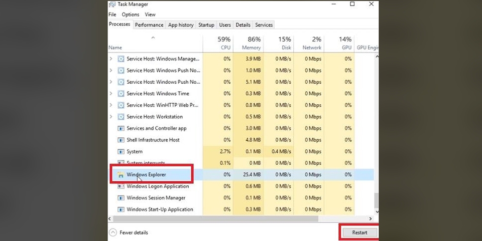 Chọn Windows Explorer và nhấn vào nút Restart Chọn Windows Explorer và nhấn vào nút Restart