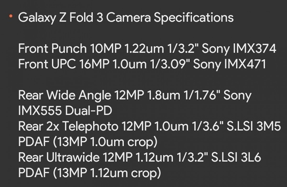 Thông tin camera Galaxy Z Fold3