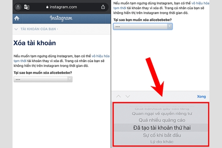 Chọn lý do xoá tài khoản