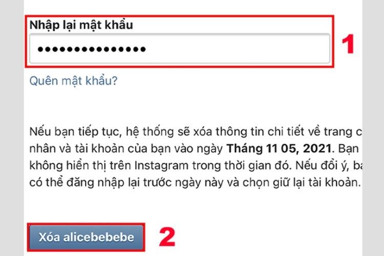 Nhập mật khẩu và xoá tài khoản
