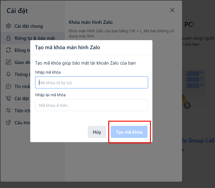 Tạo mật khẩu ứng dụng Zalo trên máy tính c2b3