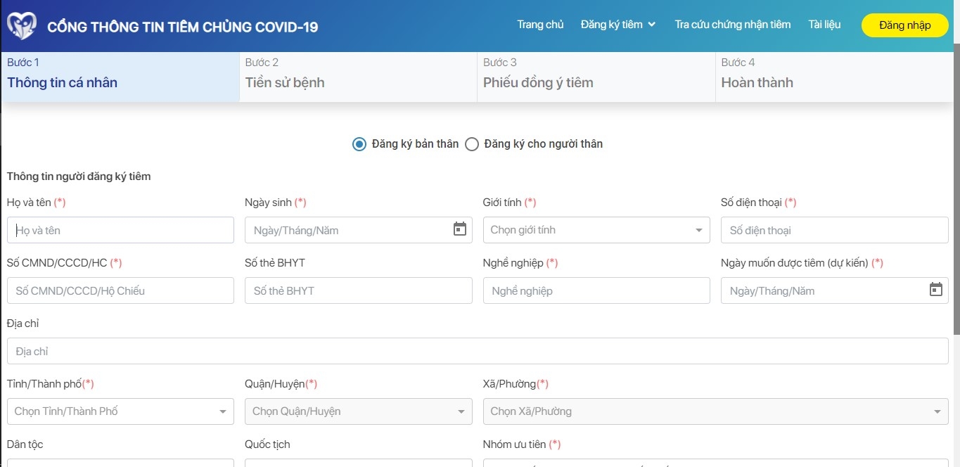 Khai báo những thông tin cần thiết để tiếp tục