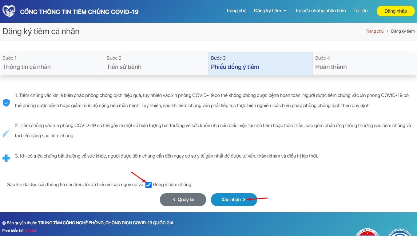 Xác nhận để đồng ý với việc đăng ký tiêm chủng