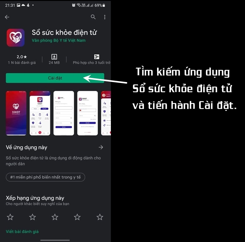 Tìm kiếm và cài đặt app Sổ sức khỏe điện tử