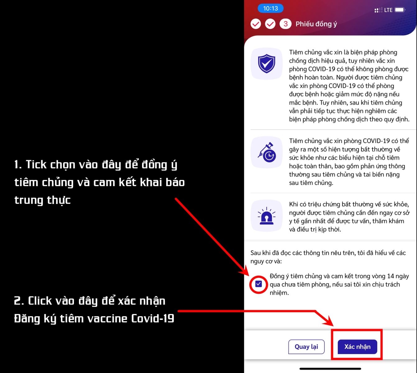 Thực hiện các bước tiếp theo và xác nhận đăng ký tiêm vaccine Covid-19