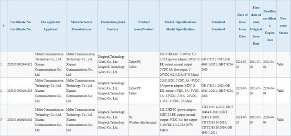 Xiaomi Mi Pad 5 đạt chứng nhận 3C Xiaomi Mi Pad 5 đạt chứng nhận 3C
