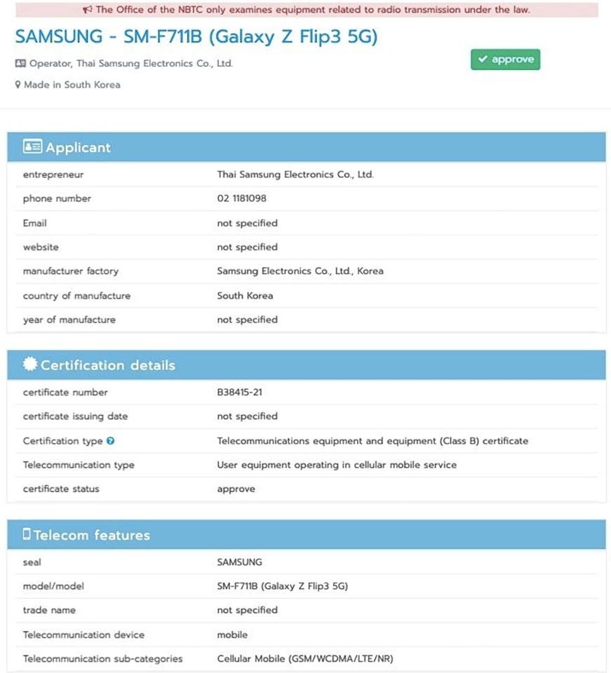 Galaxy Z Flip3 đạt chứng nhận NBTC Galaxy Z Flip3 đạt chứng nhận NBTC
