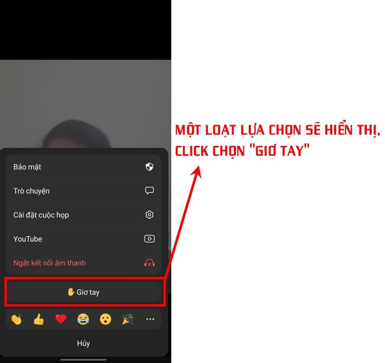 Các tùy chọn sẽ hiển thị, click chọn Giơ tay