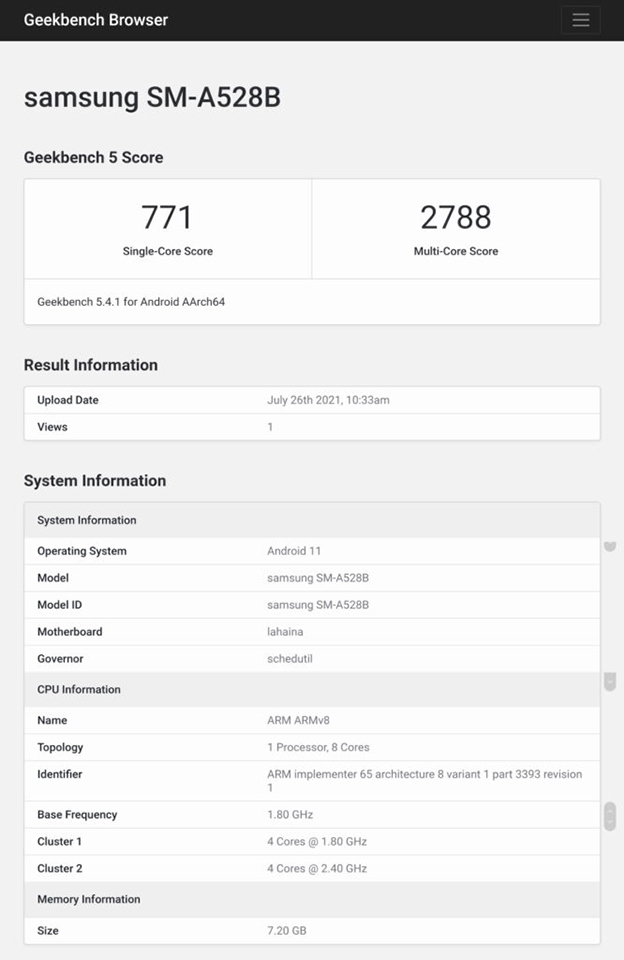 Galaxy A52s được phát hiện trên Geekbench