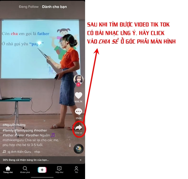 Chọn mục Chia sẻ tại màn hình hiển thị video TikTok