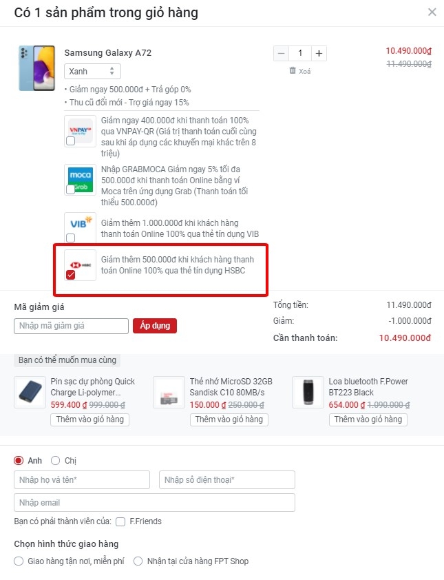 Giảm 500.000 đồng khi thanh toán bằng thẻ tín dụng HSBC FPT Shop