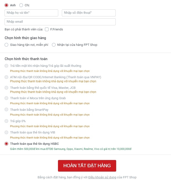 Giảm 500.000 đồng khi thanh toán bằng thẻ tín dụng HSBC FPT Shop