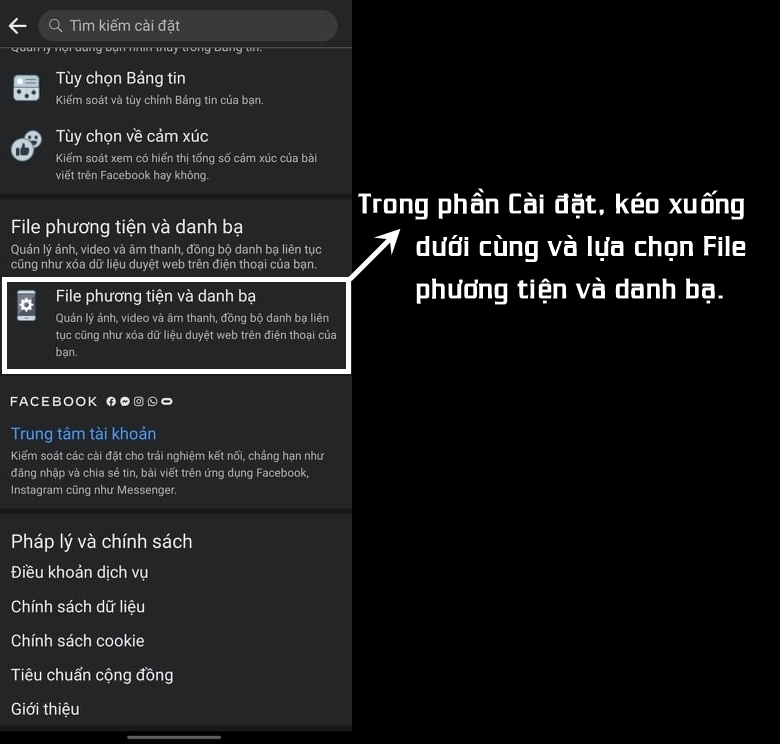 Lựa chọn File đa phương tiện và danh bạ trong phần Cài đặt