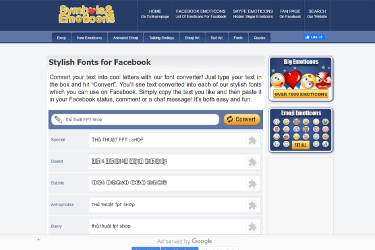Sử dụng symbols and emoticons để thay đổi font chữ