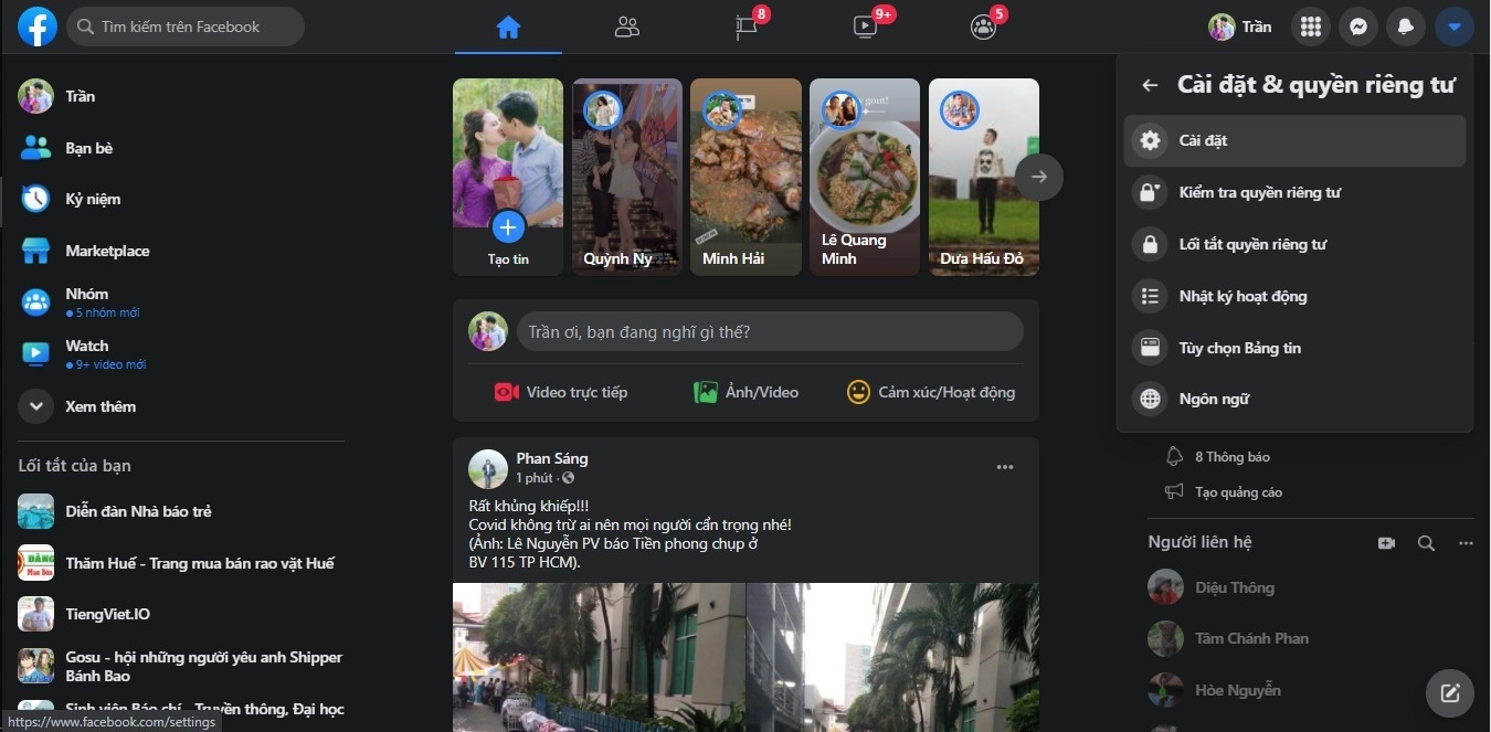 Vào phần cài đặt trên Facebook của bạn