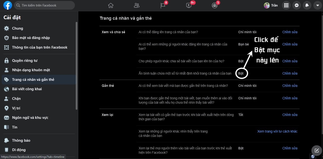 Tìm đến mục Trang cá nhân và gắn thể để bật bộ lọc ẩn bình luận.