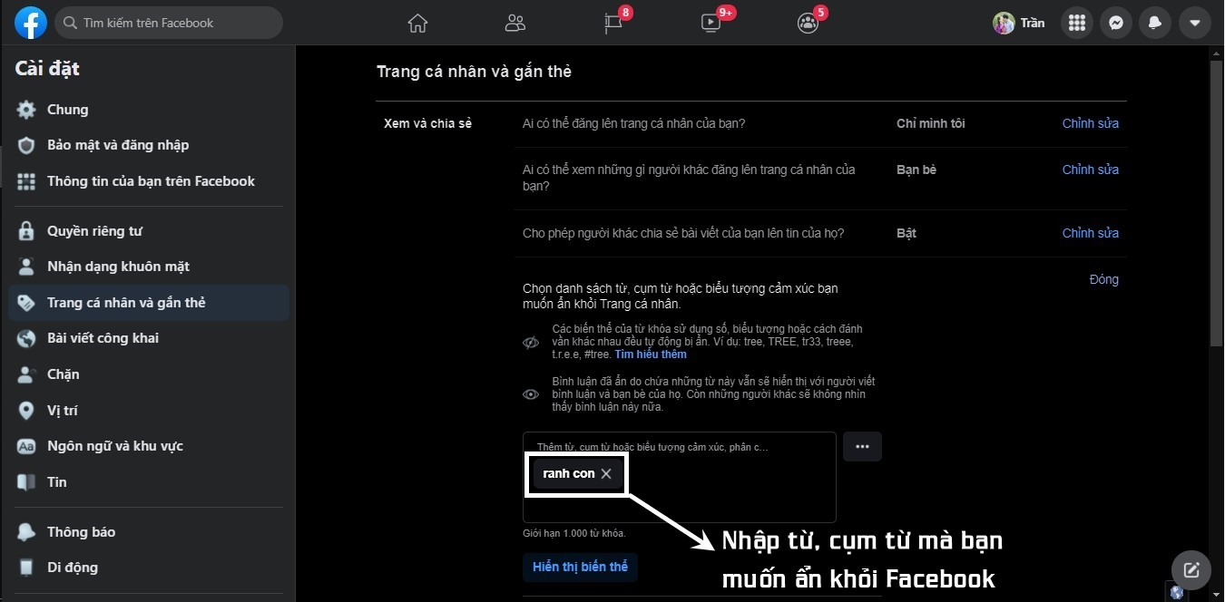 Nhập từ, cụm từ bạn muốn ẩn trên Facebook