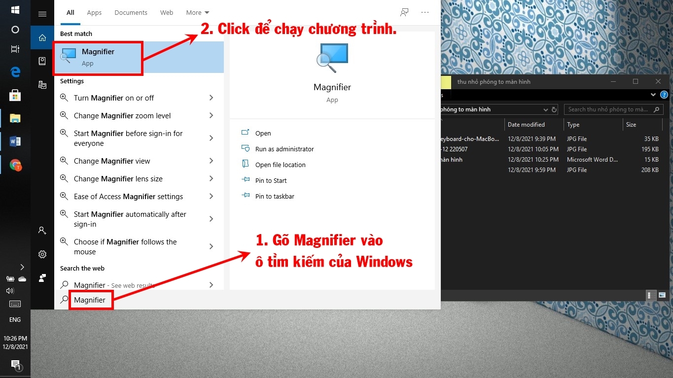 Cách tìm kiếm và khởi chạy ứng dụng Magnifier