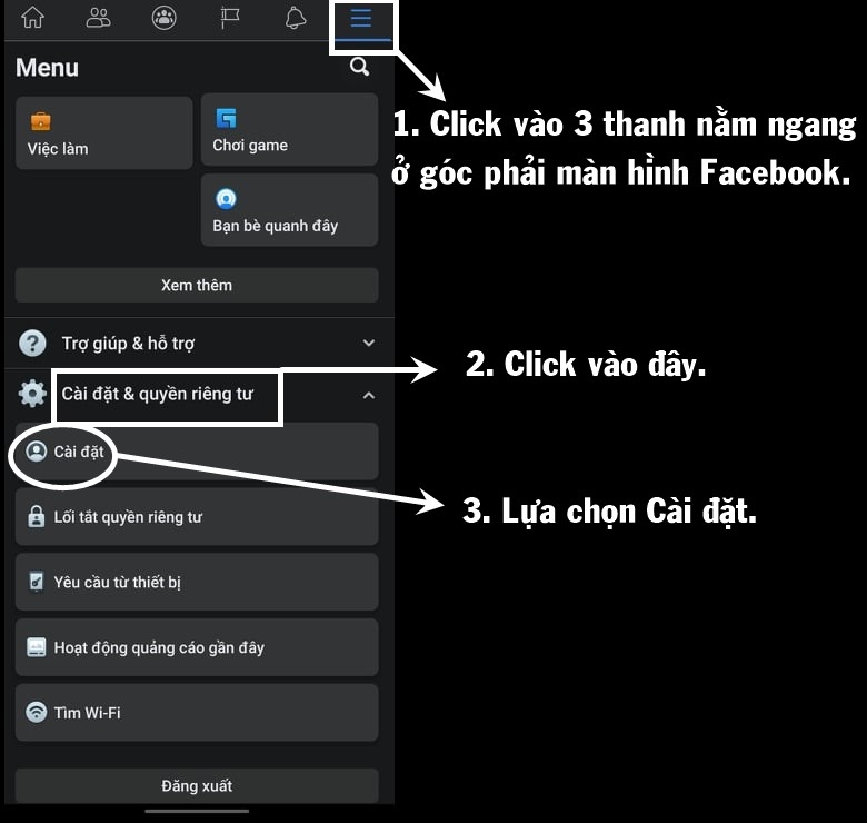 Mở mục Cài đặt trên Facebook của điện thoại.