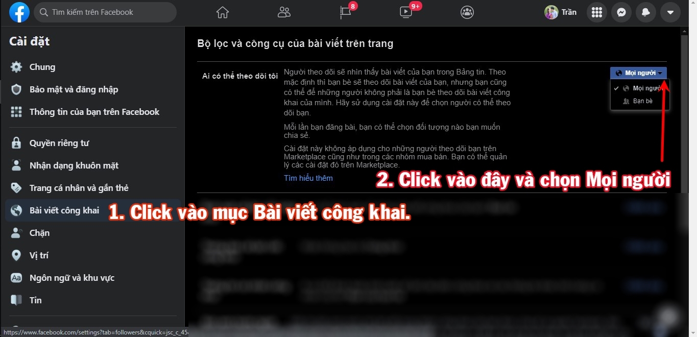 Bật theo dõi bài viết công khai trên Facebook bằng máy tính.