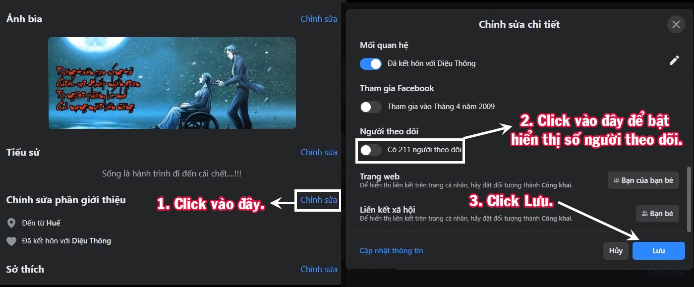 Cách bật hiển thị số người theo dõi Facebook trên máy tính.