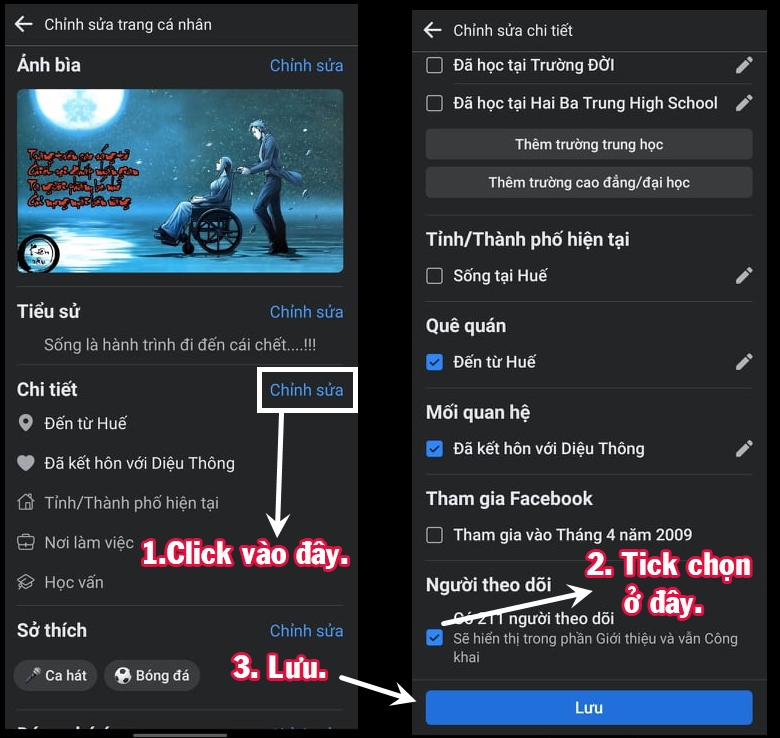 Cách hiển thị số người theo dõi Facebook bằng điện thoại.