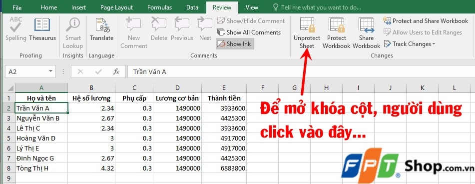 Click vào Unprotect Sheet để mở khóa cột trong Excel.