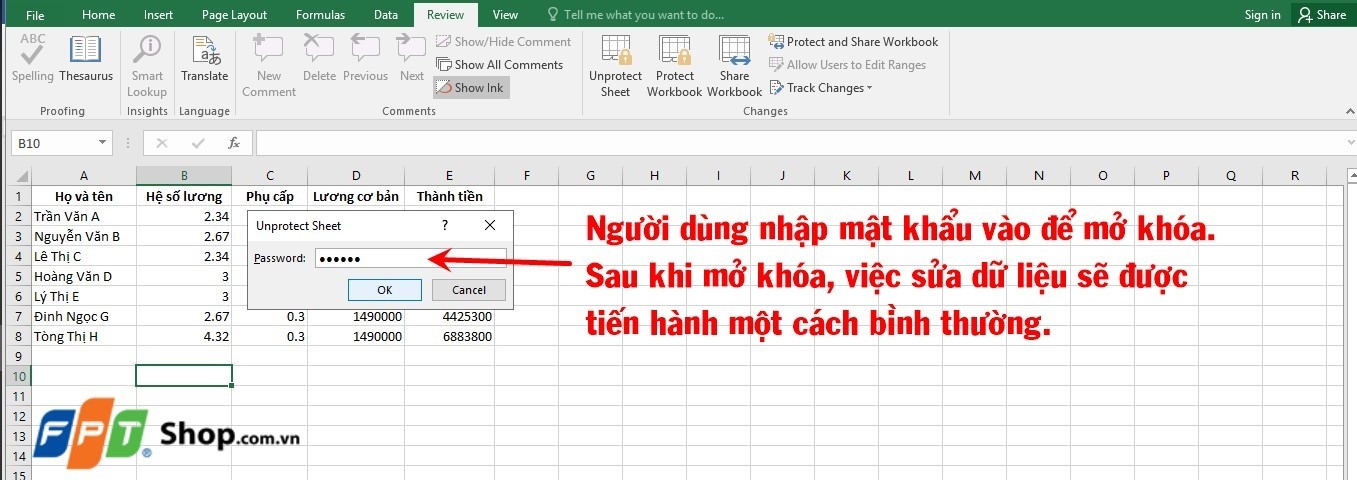 Cung cấp mật khẩu để mở khóa cột trong Excel.