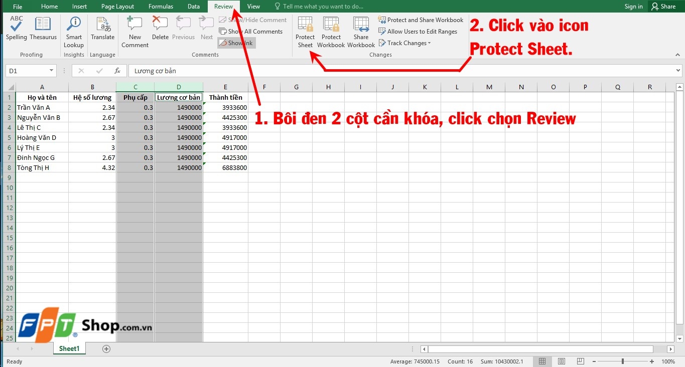Bôi đen cột cần khóa, click Review chọn Protect Sheet