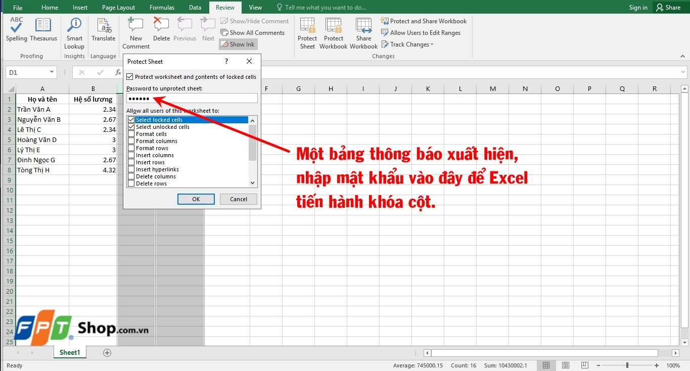 Nhập mật khẩu để khóa cột trong Excel.