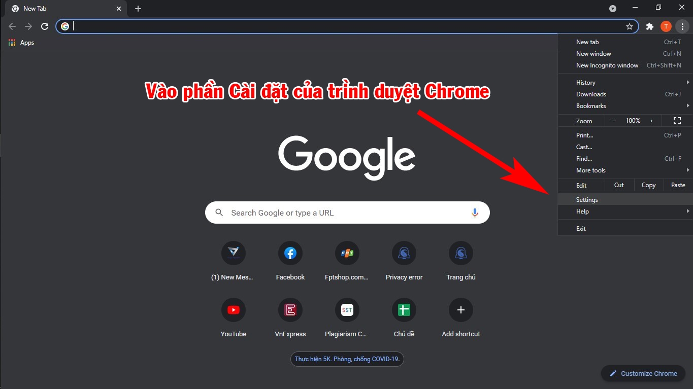 Mở trình duyệt Chrome và truy cập phần Cài đặt.