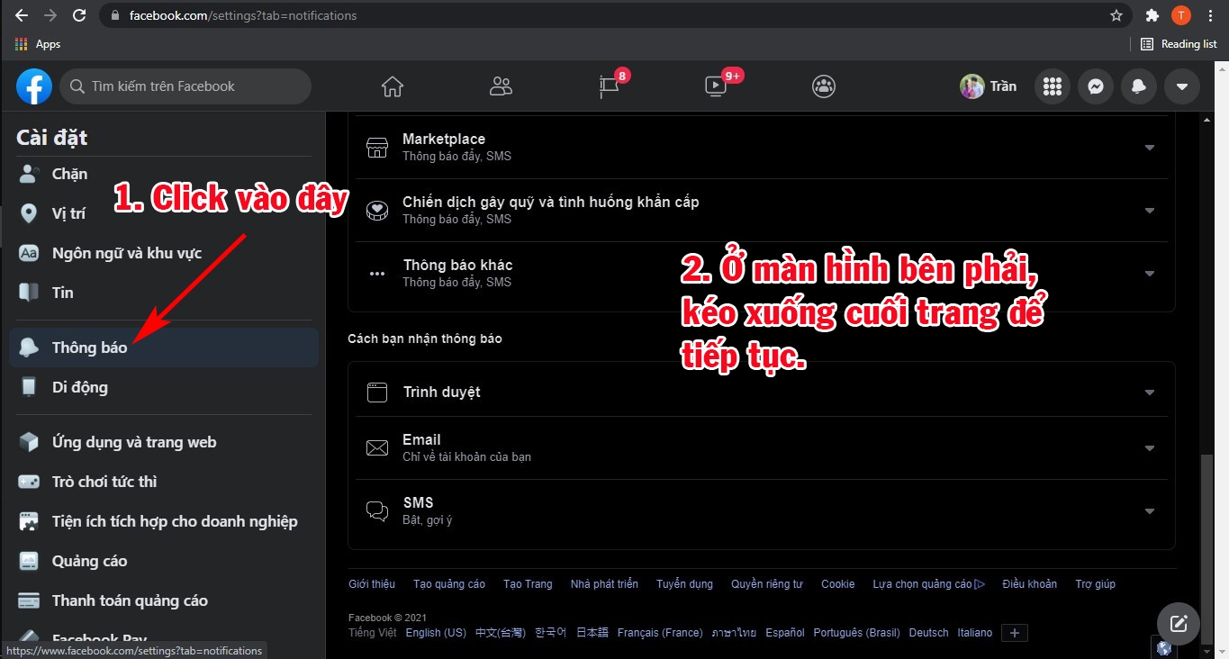 Click tiếp vào Thông báo và kéo xuống cuối trang.