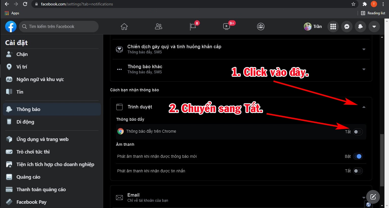 Lựa chọn như hình để chặn thông báo Facebook trên Chrome.