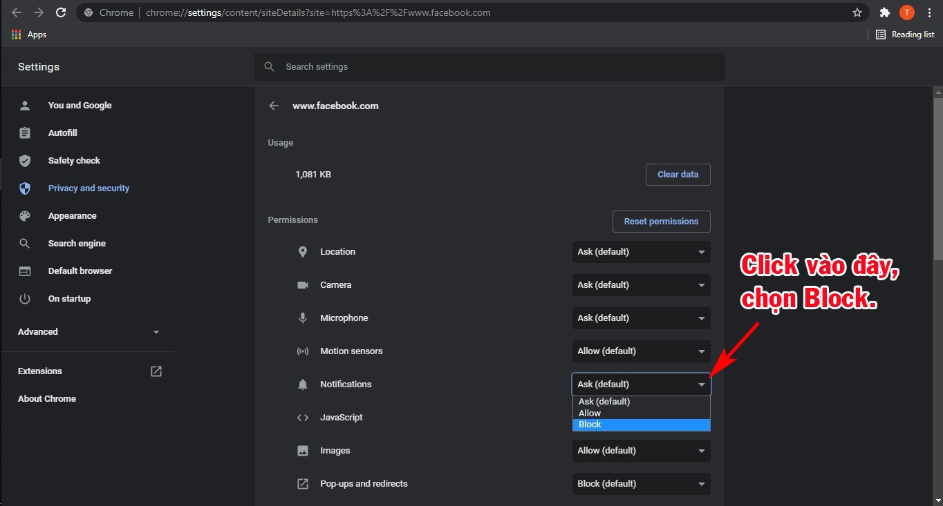 Chọn xuống dòng Notifications và click chuột, nhấn Block.
