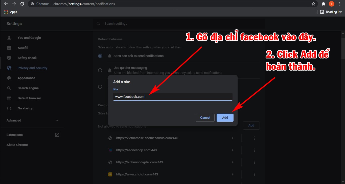 Gõ địa chỉ facebook vào và click add để hoàn thành.