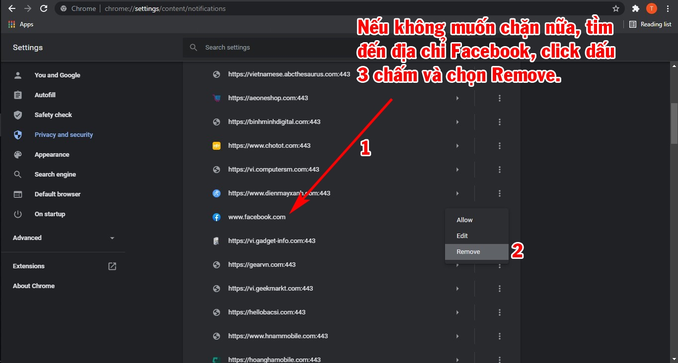 Cách để bỏ chặn thông báo Facebook.