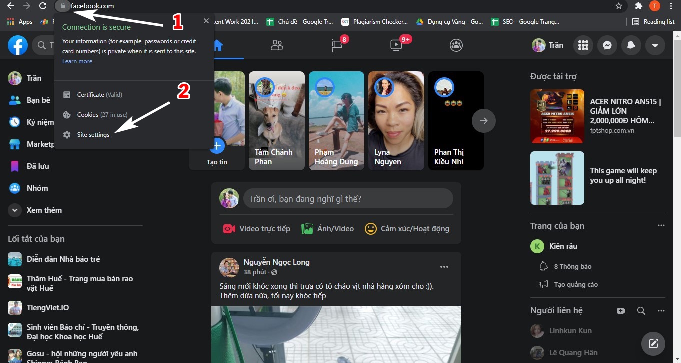 Lựa chọn để tắt thông báo Facebook từ thanh địa chỉ.