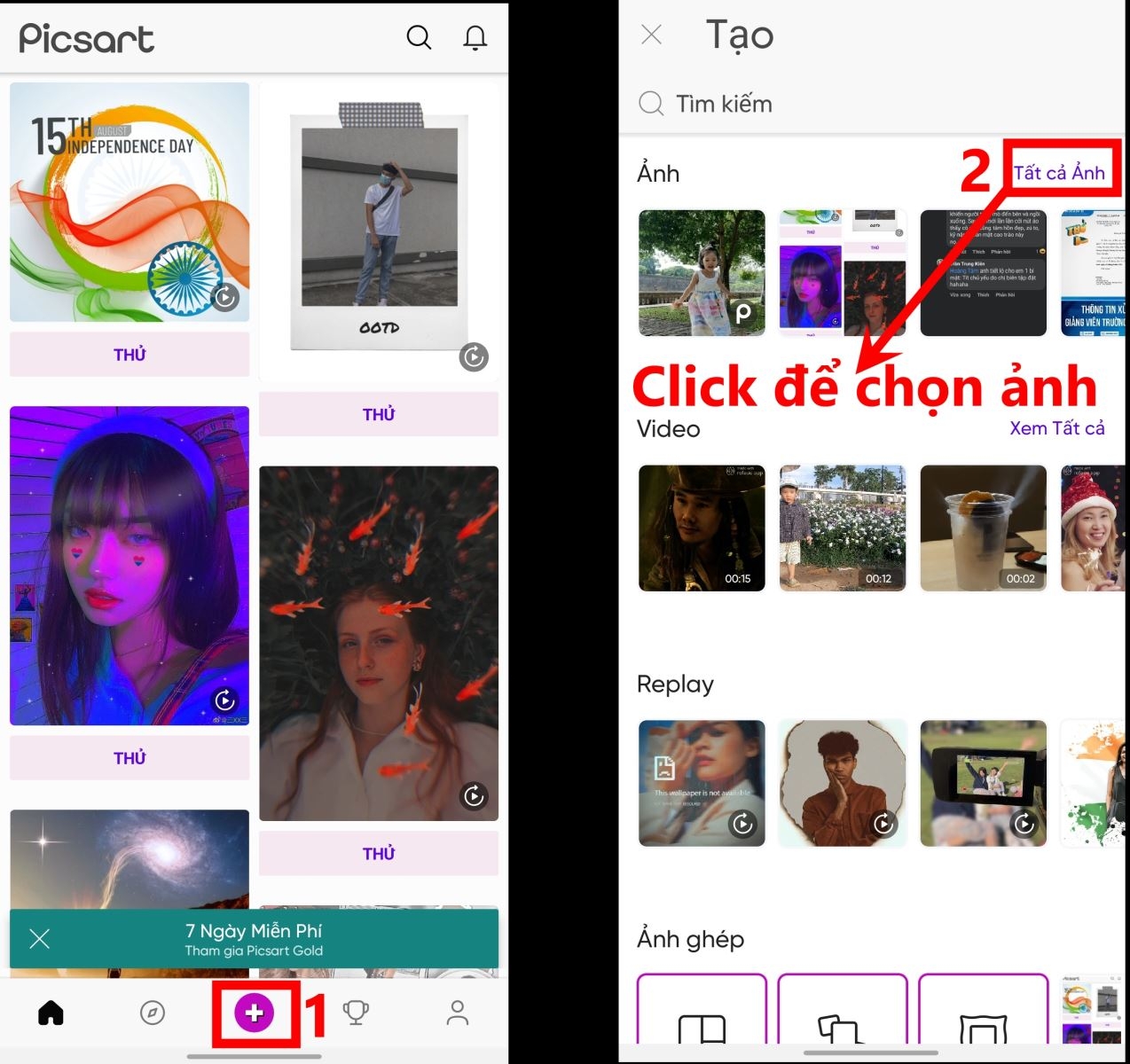 Mở ứng dụng PicsArt và chọn bức ảnh muốn ghép.