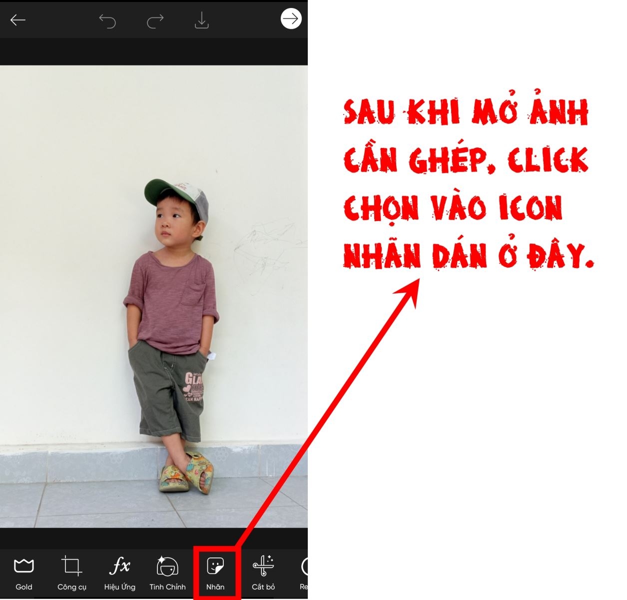 Click vào tiện ích Nhãn dán ở hàng lựa chọn.