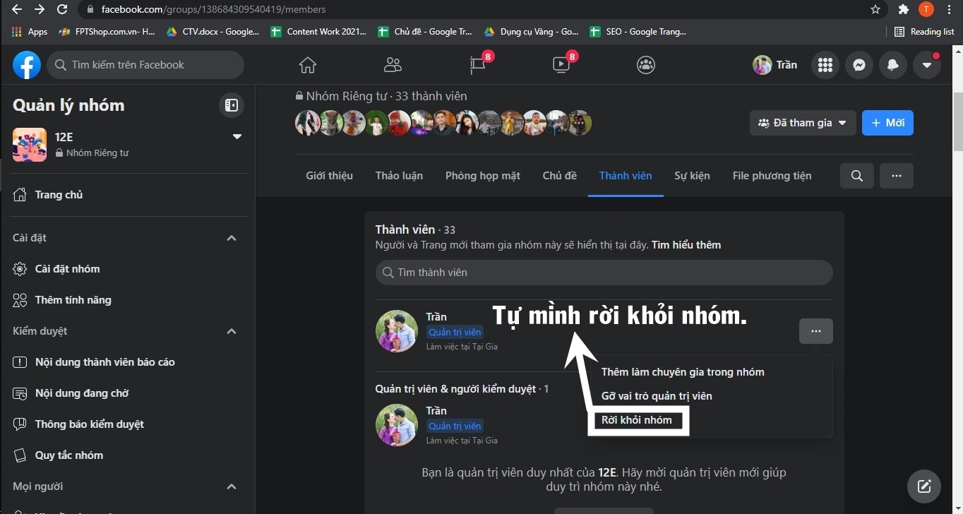 Tự mình rời khỏi nhóm để xóa nhóm khỏi Facebook.