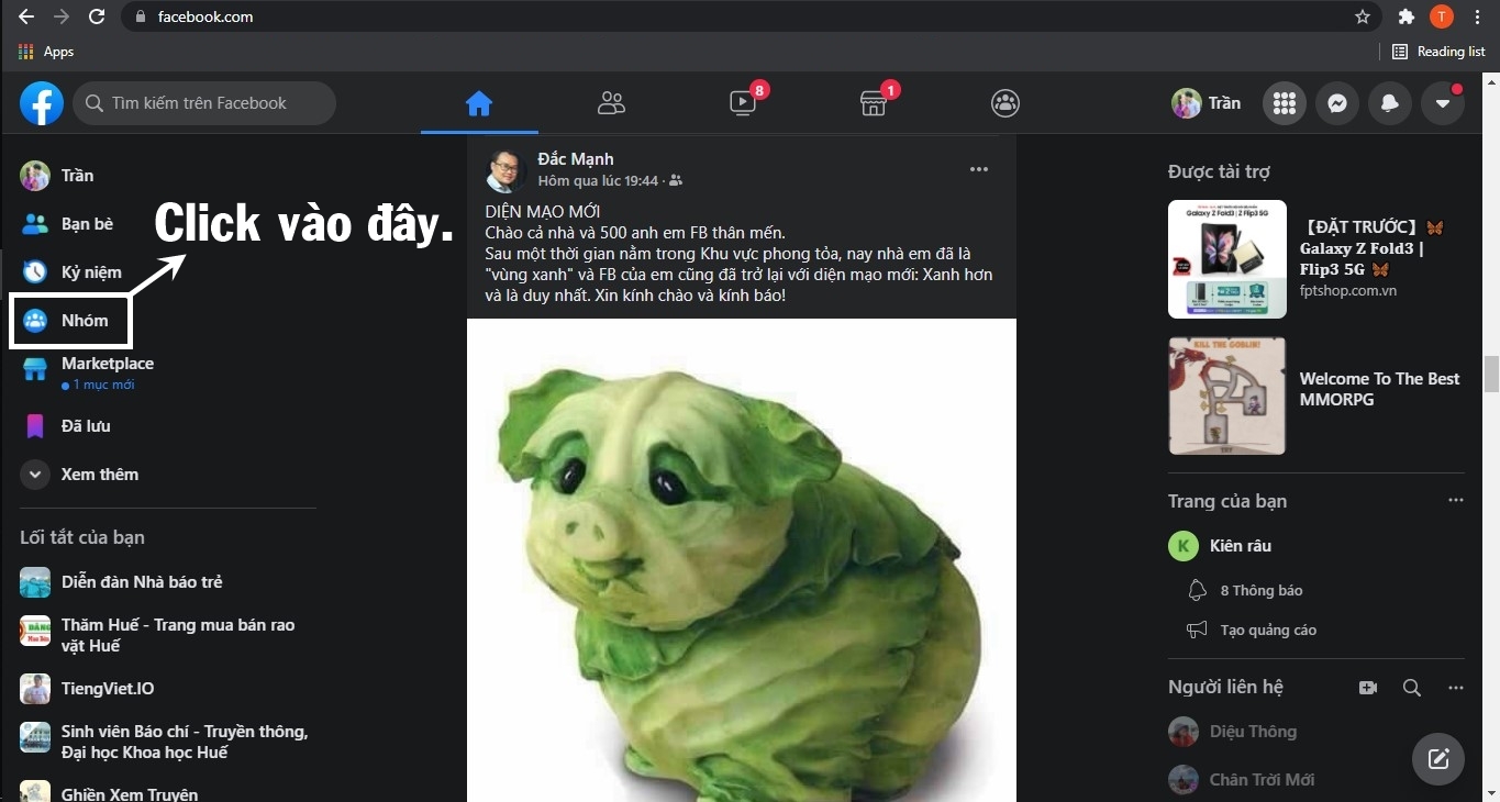 Bước đầu tiên để tạo nhóm trên Facebook bằng máy tính.