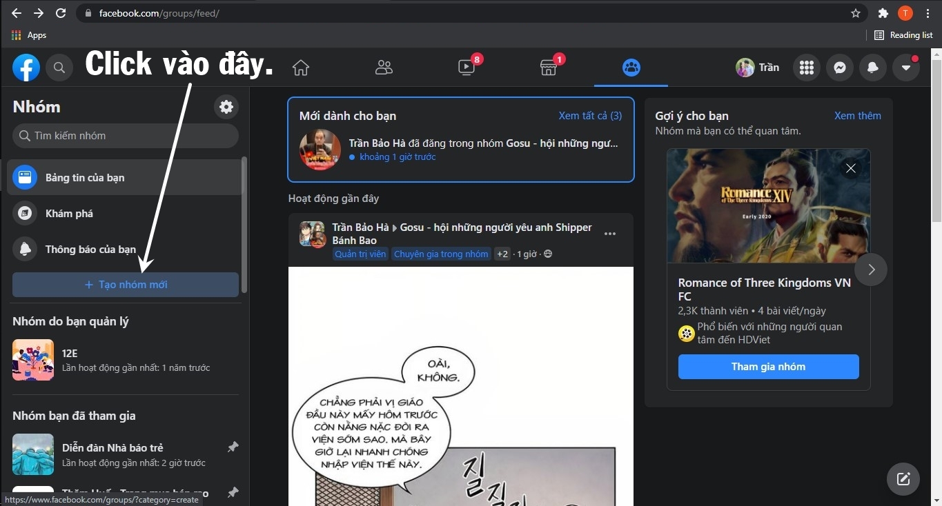 Click để tạo nhóm mới.