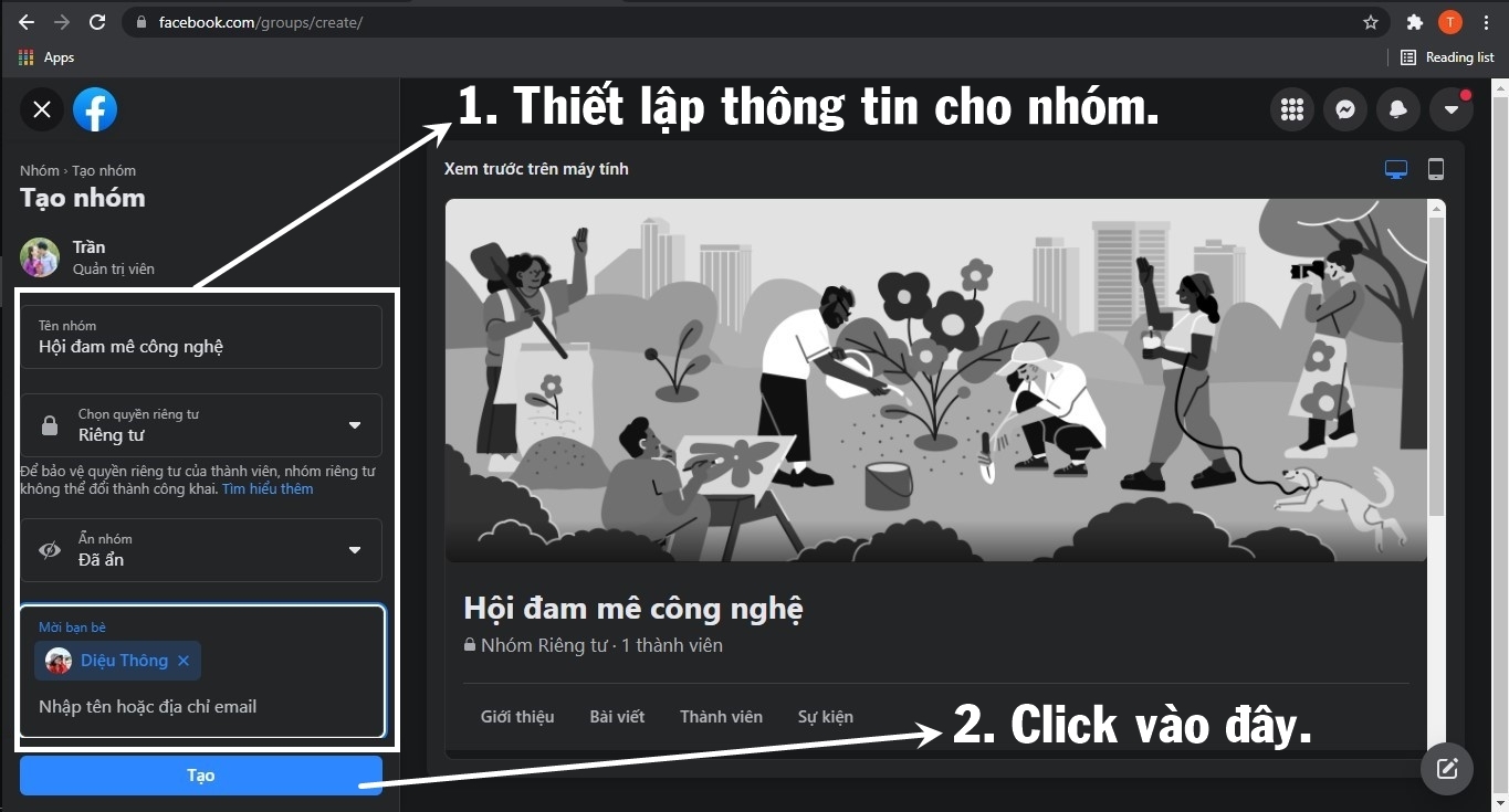 Thiết lập thông tin cần thiết để khởi tạo nhóm.