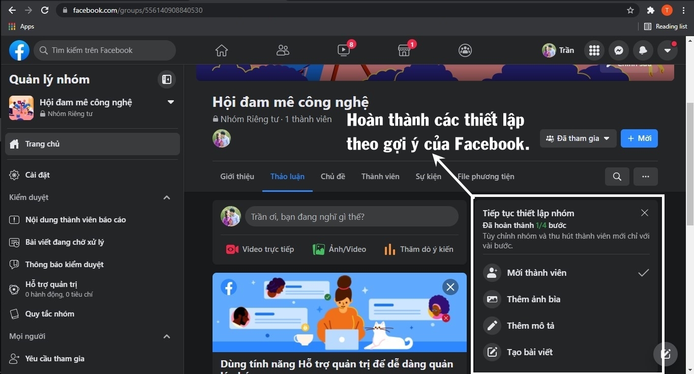 Hoàn thành các bước thiết lập mà Facebook gợi ý.
