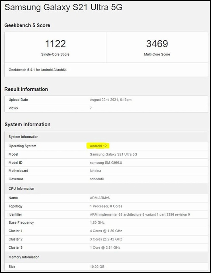 Galaxy S21 Ultra xuất hiện trên Geekbench với Android 12 Galaxy S21 Ultra xuất hiện trên Geekbench với Android 12
