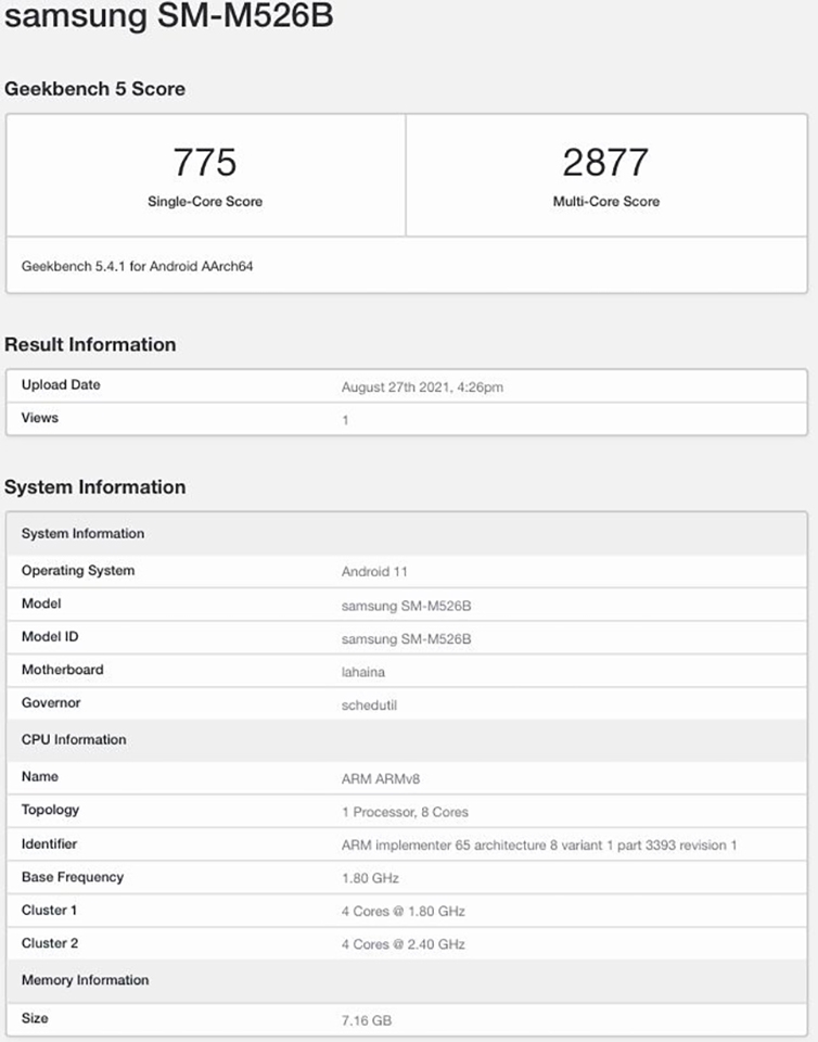 Galaxy M52 5G lộ cấu hình trên Geekbench